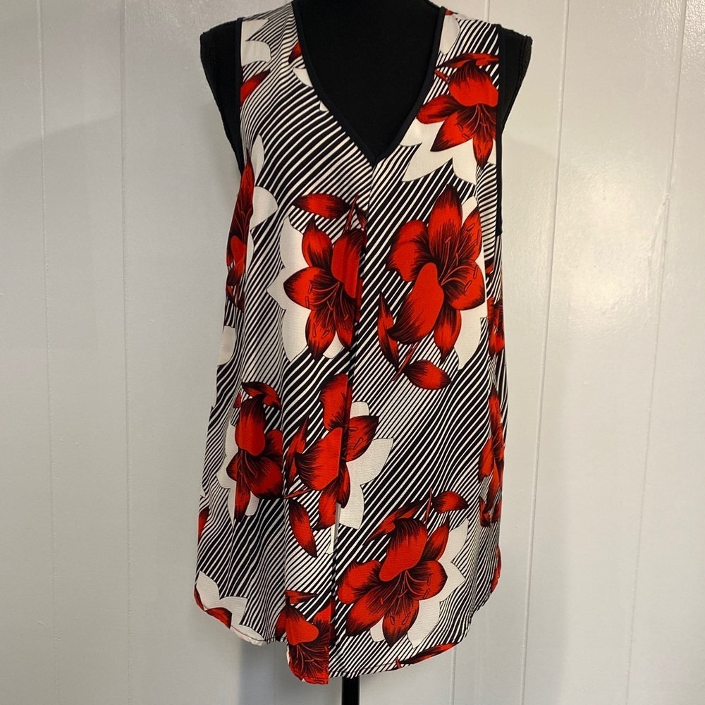 Red Floral Stripe Blouse V Neck Pleated Flowy Sleeveless Statement Top M